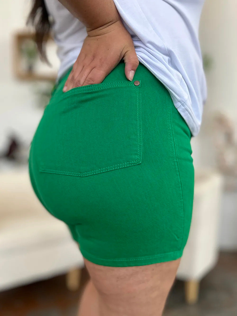 Judy Blue Kelly Green Tummy Control Garment Dyed Denim Shorts Trendsi