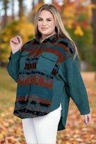 Davi & Dani Plus Aztec Printed Button Down Long Sleeve Jacket Teal Green Davi & Dani