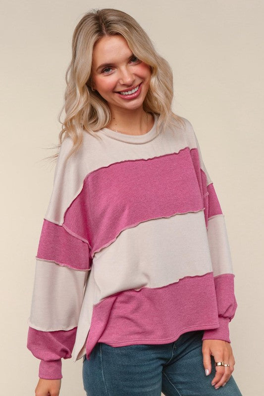 Haptics Latte & Magenta Color Block Loose Fit Knit Pullover