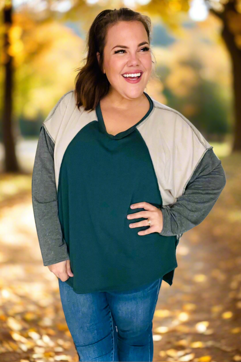 Haptics Stand Out Hunter Green V Neck Raglan Color Block Outseam Top Haptics