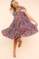 Petal to the Metal Flutter Sleeve Dress in Navy/Coral Womens