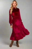 Haptics Burgundy Velvet Mock Neck Smocked Waist Dress Haptics