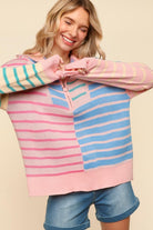 Haptics Blush & Blue Stripe Half Zip Up Oversized Sweater Shirts