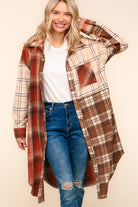 Haptics Stand Out Rust & Taupe Color Block Plaid Longline Shacket Haptics