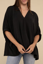 Zenana Black Woven Airflow V-neck Puff Half Sleeve Top