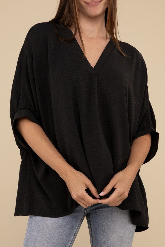 Zenana Black Woven Airflow V-neck Puff Half Sleeve Top