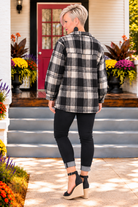 Haptics Cozy Cabin Plaid Sherpa Shacket in Black and White