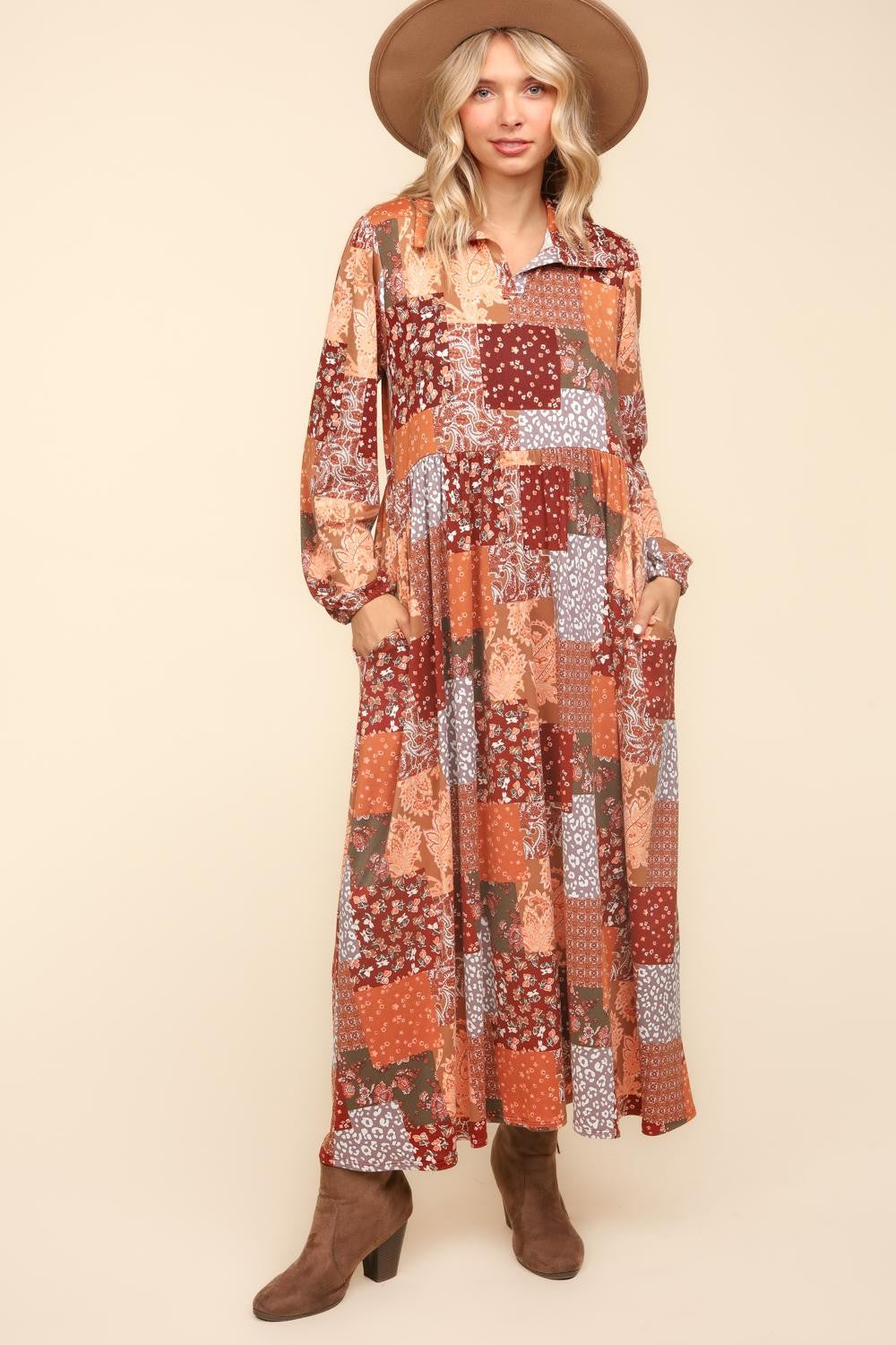 Haptics Patchwork Dreams Long Sleeve Midi Dress