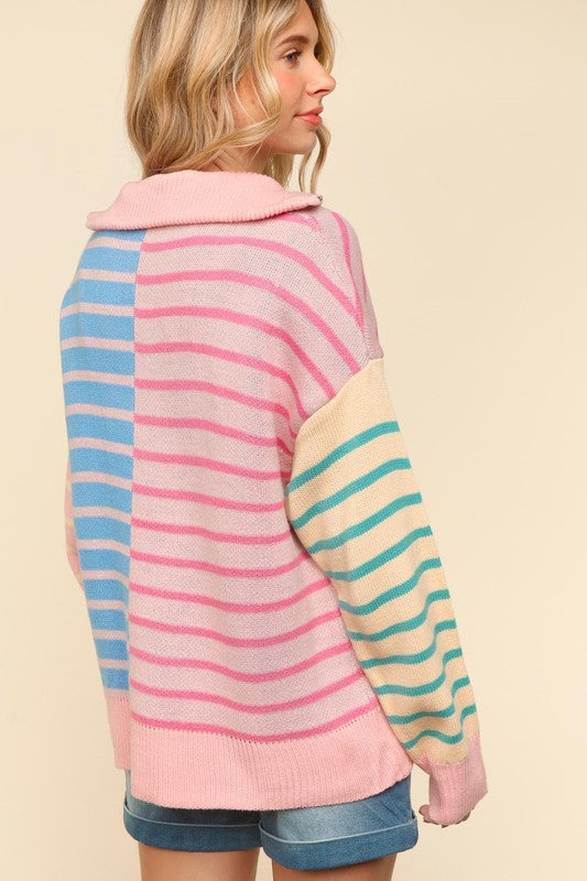 Haptics Blush & Blue Stripe Half Zip Up Oversized Sweater Shirts