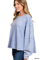 Zenana Dark Green Acid Washed Double Ribbed Exposed-Seam Sweatshirt