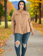 Davi & Dani Plus Distressed Hem Studded Button Down Oversized Shirt Davi & Dani