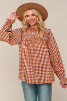 Haptics Rust Gingham Shirred Yoke Frilled Mock Neck Long Sleeve Blouse