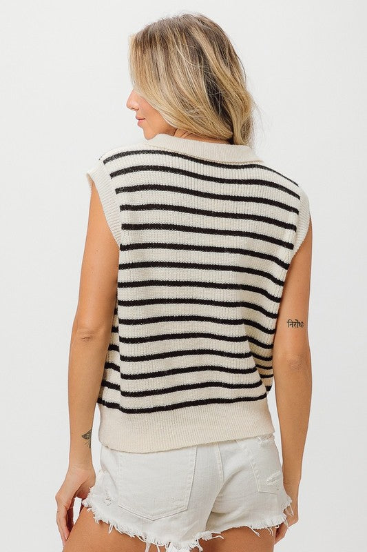 BiBi Black Flower Patch Striped Half Button Sweater Vest Trendsi