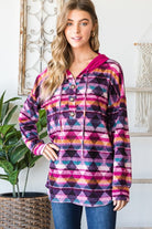 Heimish Magenta French Terry Multicolor Geometric Puff Sleeve Hoodie in Magenta MemorialDay24