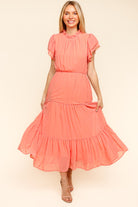 Haptics Peach Tiered Frill Mock Neck Short Sleeve Dress Peach Dresses