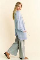 Davi & Dani Light Blue Ribbed Hem Button Up Long Sleeve Cardigan Shirts & Tops