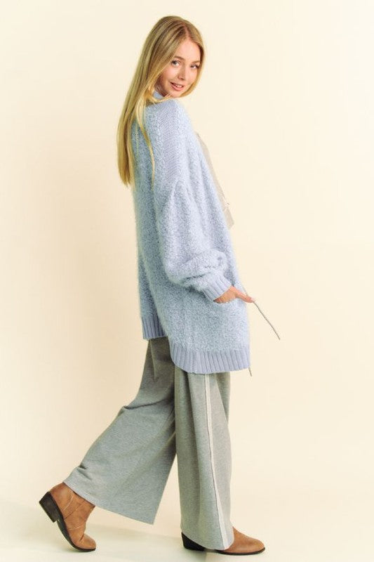 Davi & Dani Light Blue Ribbed Hem Button Up Long Sleeve Cardigan Trendsi