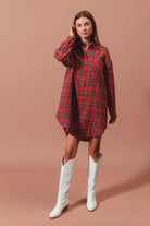 SO ME Christmas Checker Plaid Button Up Shirt Dress – Red Multi