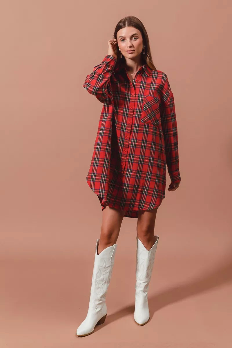 SO ME Christmas Checker Plaid Button Up Shirt Dress – Red Multi
