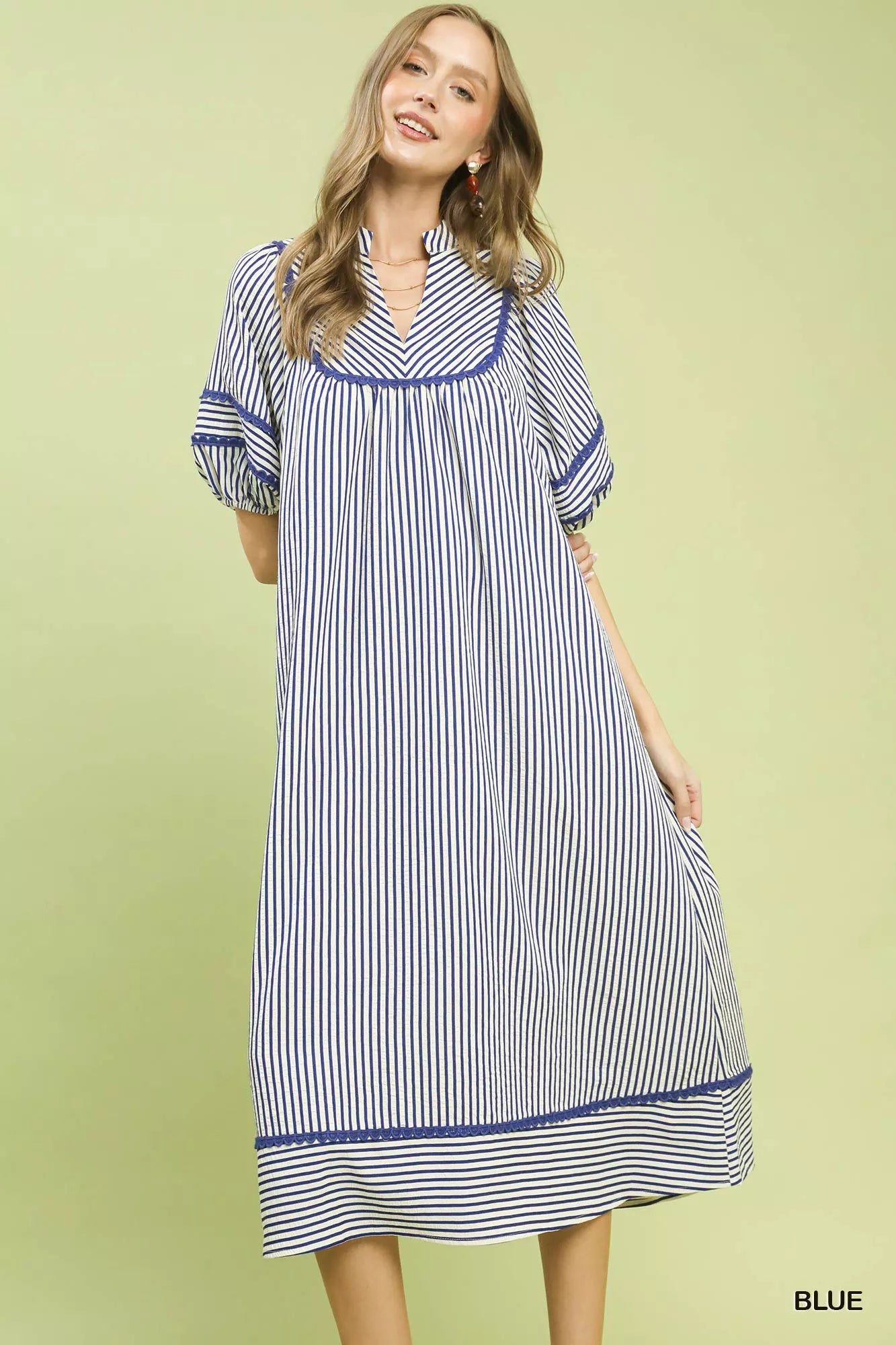 Umgee Blue Striped Puff Sleeve Midi Dress BLUE