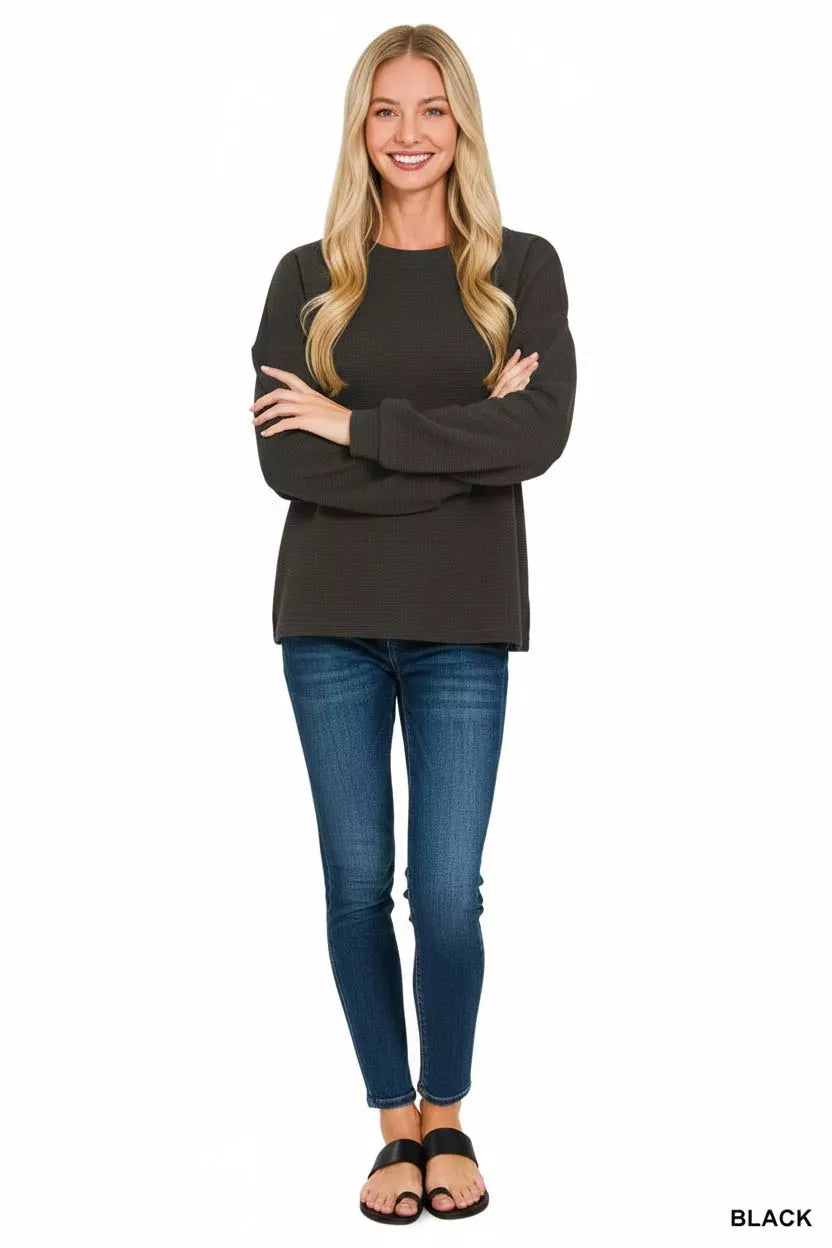 Zenana Black Double Knit Round Neck Long Sleeve Top