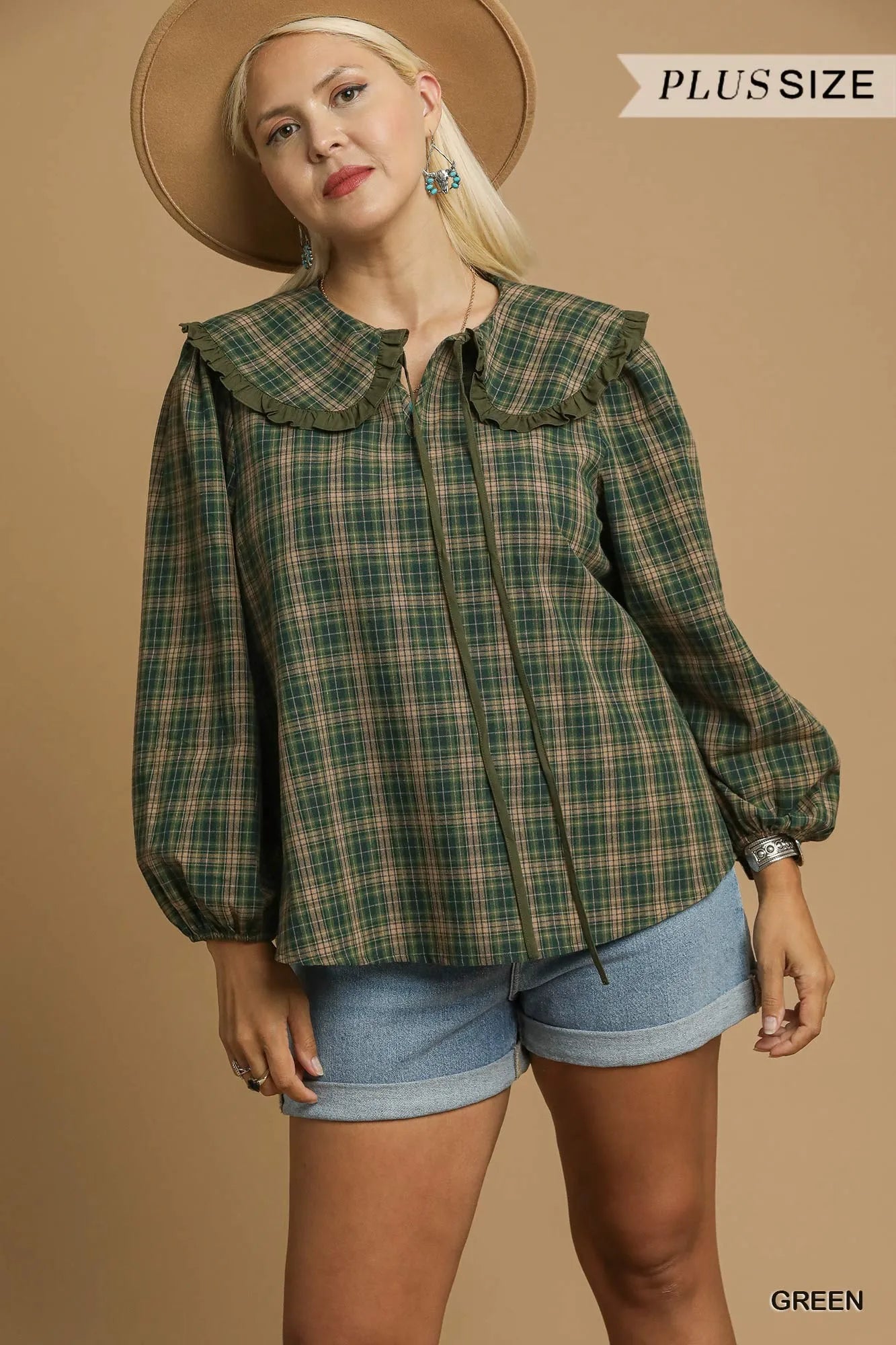 Umgee Green Plaid Ruffle Collar Blouse
