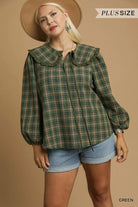 Umgee Green Plaid Ruffle Collar Blouse