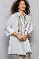 POL Ivory Floral Embroidered Half Sleeve Cotton Shirt