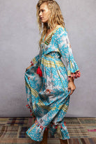 POL Blue Multi Bohemian Print Tassel Trim Maxi Dress