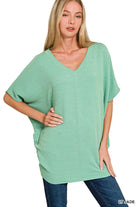 Zenana Light Jade Raised Rib V-Neck Batwing Top