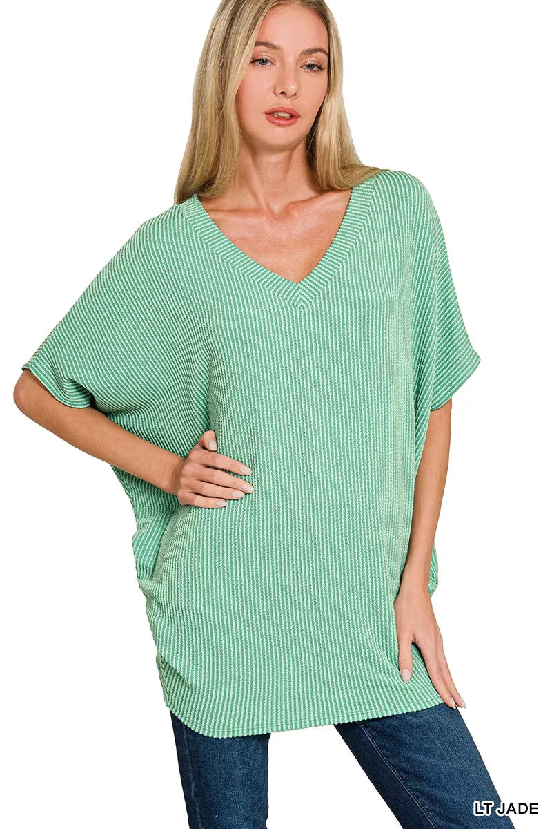 Zenana Light Jade Raised Rib V-Neck Batwing Top