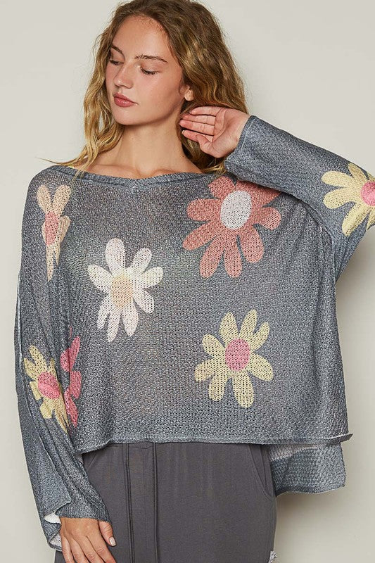 POL Charcoal Flower Dropped Shoulder Long Sleeve Knit Top Shirts & Tops