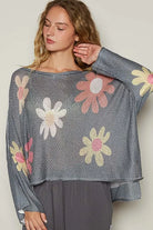 POL Charcoal Flower Dropped Shoulder Long Sleeve Knit Top