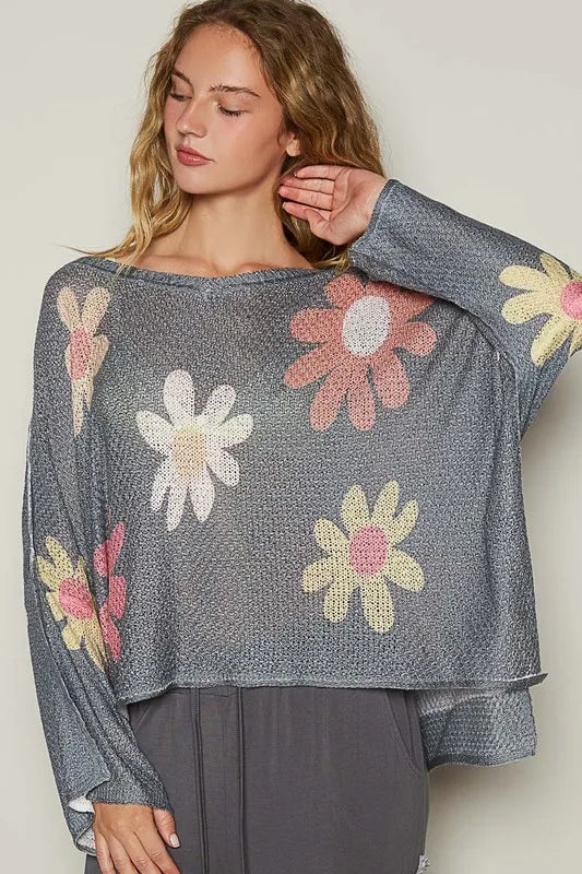 POL Charcoal Flower Dropped Shoulder Long Sleeve Knit Top