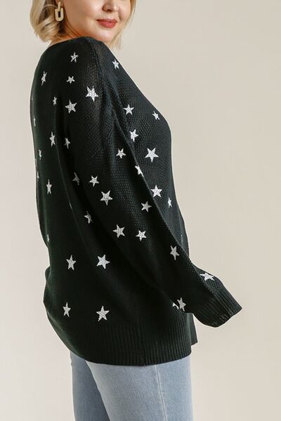 Umgee Black Star V-Neck Long Sleeve Sweater Plus Size