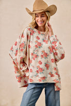 BiBi Oatmeal Floral Print Oversized Waffle Thermal Sweatshirt