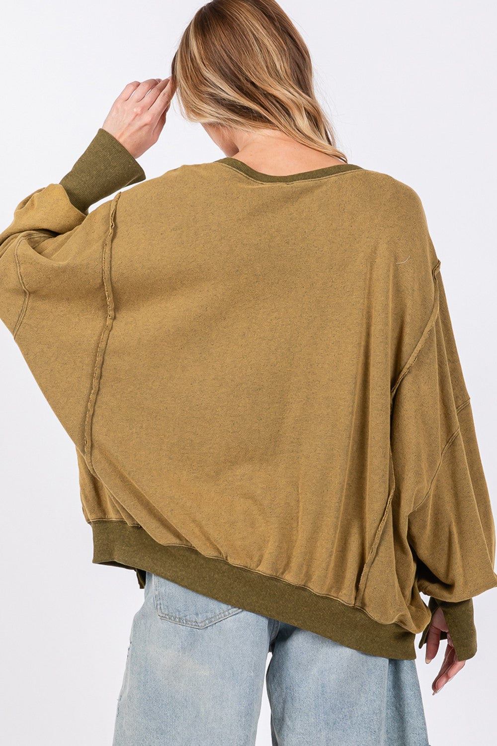 SAGE + FIG Olive Mineral Washed Side Slit Oversized Sweatshirt Trendsi