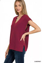 Zenana Cabernet Ribbed Slit V-Neck Sweater Vest