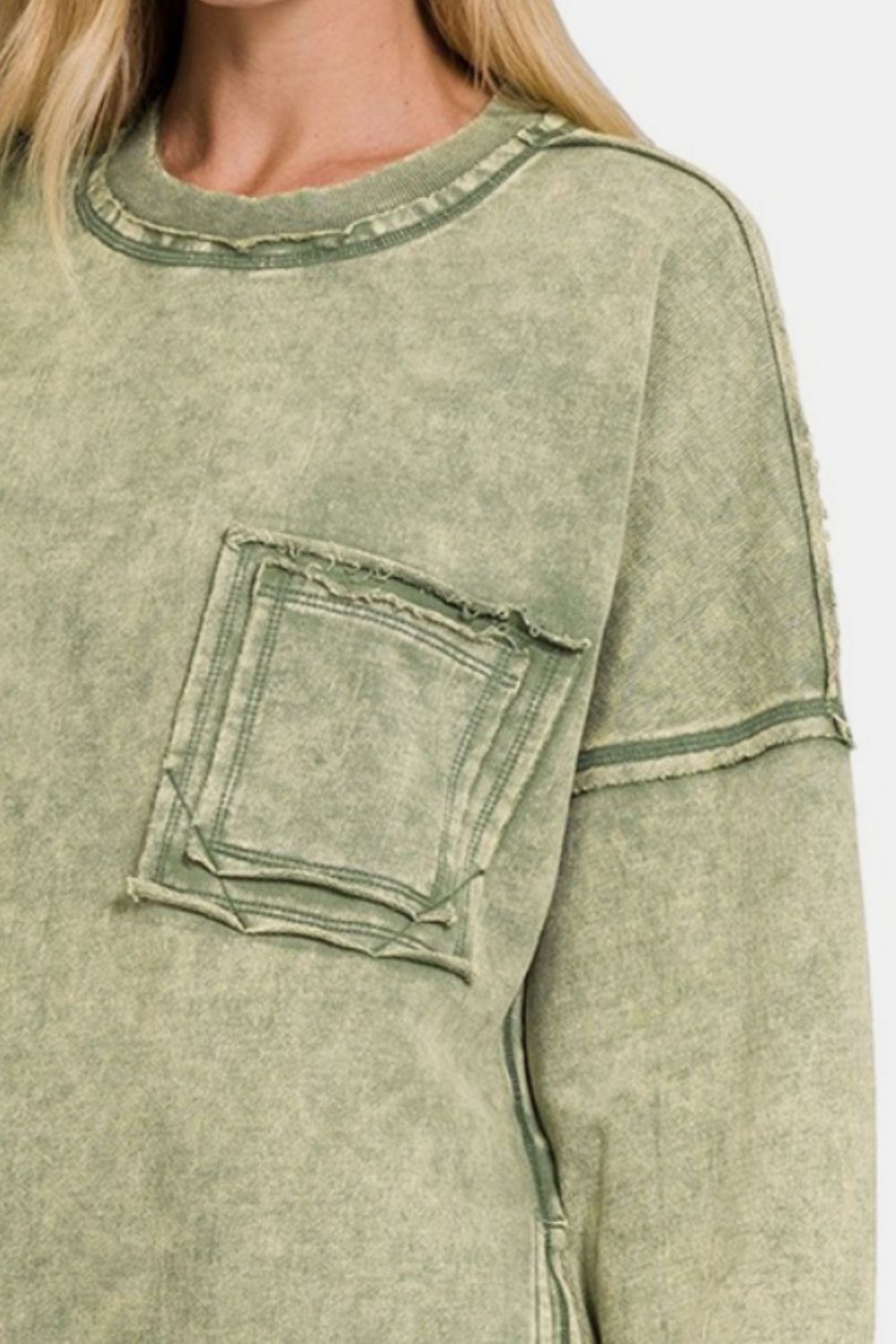 Zenana Light Olive Acid Washed French Terry Exposed Seam Dropped Shoulder Sweatshirt Trendsi