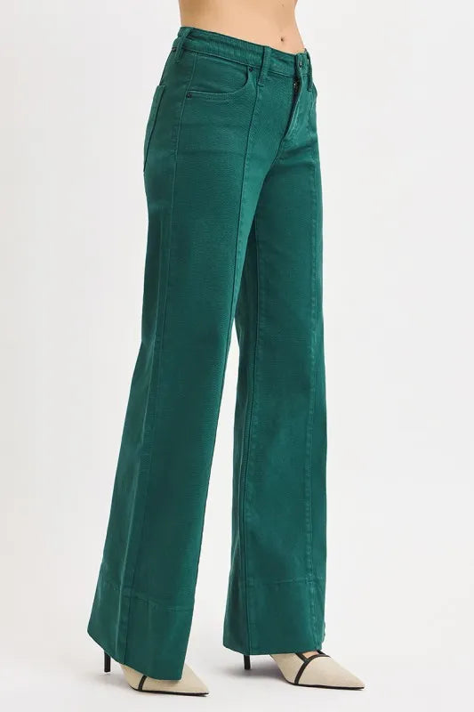 RISEN Hunter Green Tummy Control Mid Rise Wide Leg Jeans