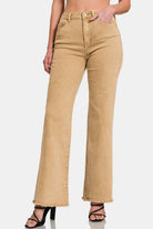 Zenana Acid Washed Frayed Hem Bootcut Jeans in Light Camel Lt Camel Pants