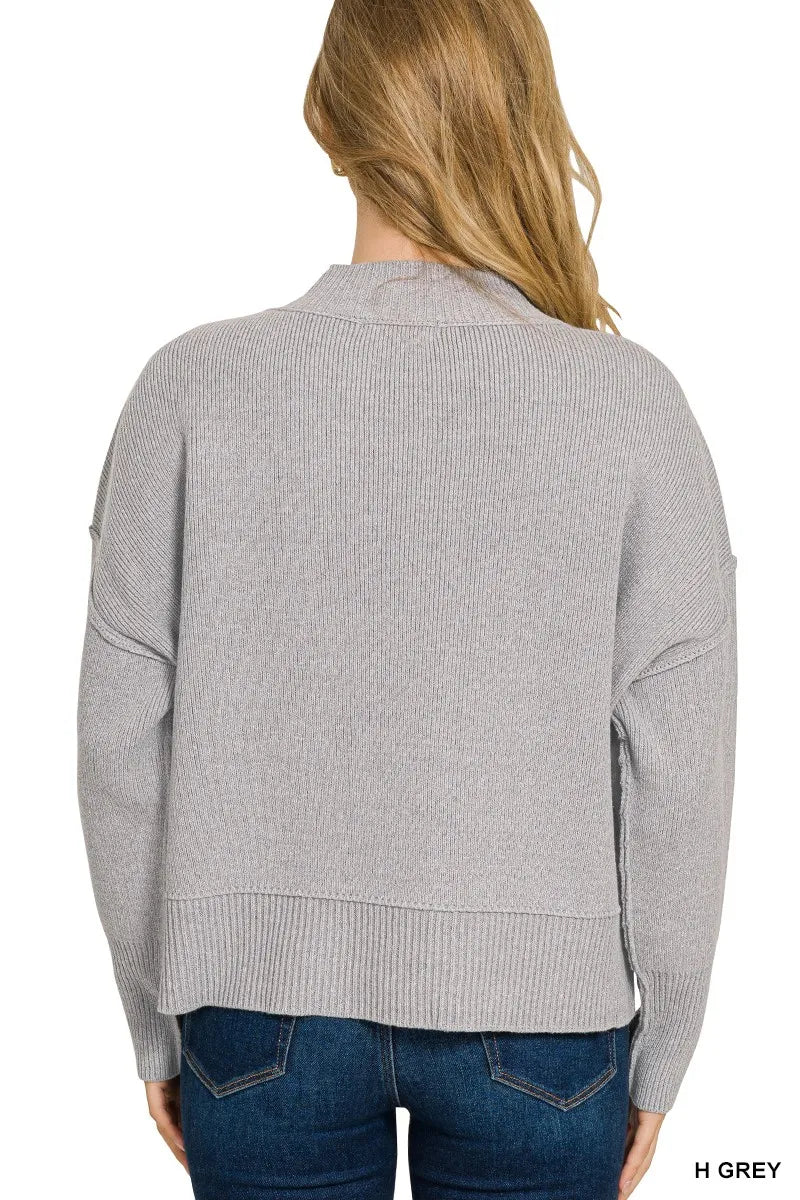 Zenana Heather Gray Wide Neck Band Drop Shoulder Sweater