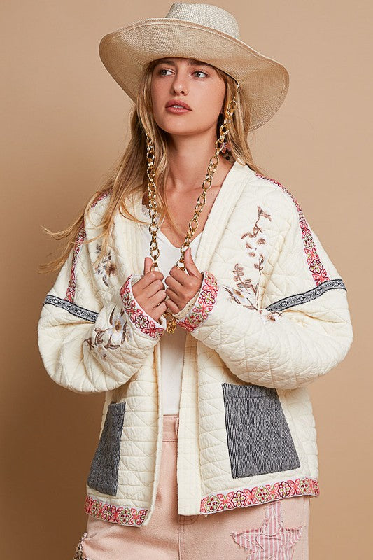 POL Embroidered Open Front Long Sleeve Jacket in Cream Cream Coats & Jackets