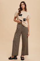 Annie Wear Drawstring Camel Checkered Wide Leg Pants