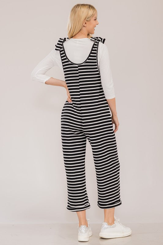 Celeste Black Striped Scoop Neck Overalls with Pockets