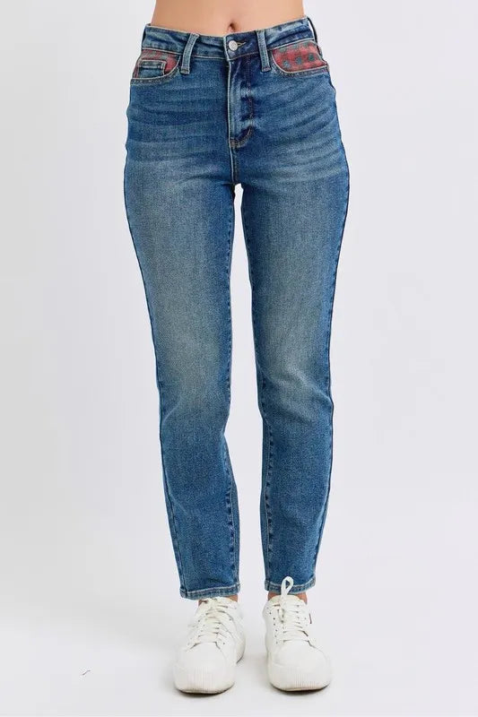 Judy Blue High Waisted Plaid Patch Slim Fit Jeans