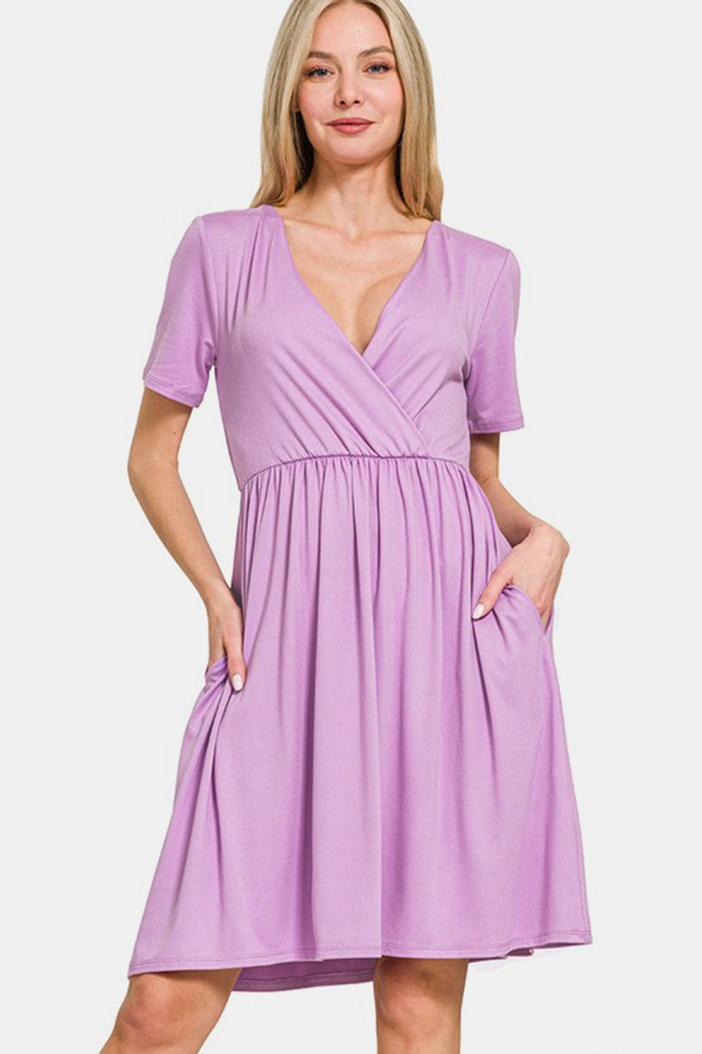 Zenana Bright Lavender Surplice Short Sleeve Brushed DTY Dress Pink Purple Dresses