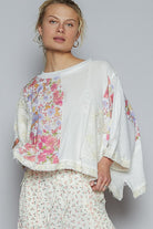 POL Off White Floral Lace Patch Round Neck Double Gauze Top Off White