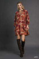 Umgee Latte Animal Print Boho Tunic Dress with Contrast Trim Detail