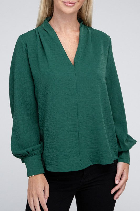 Zenana Woven Airflow V-Neck Long Sleeve Top DK GREEN XL Shirts & Tops